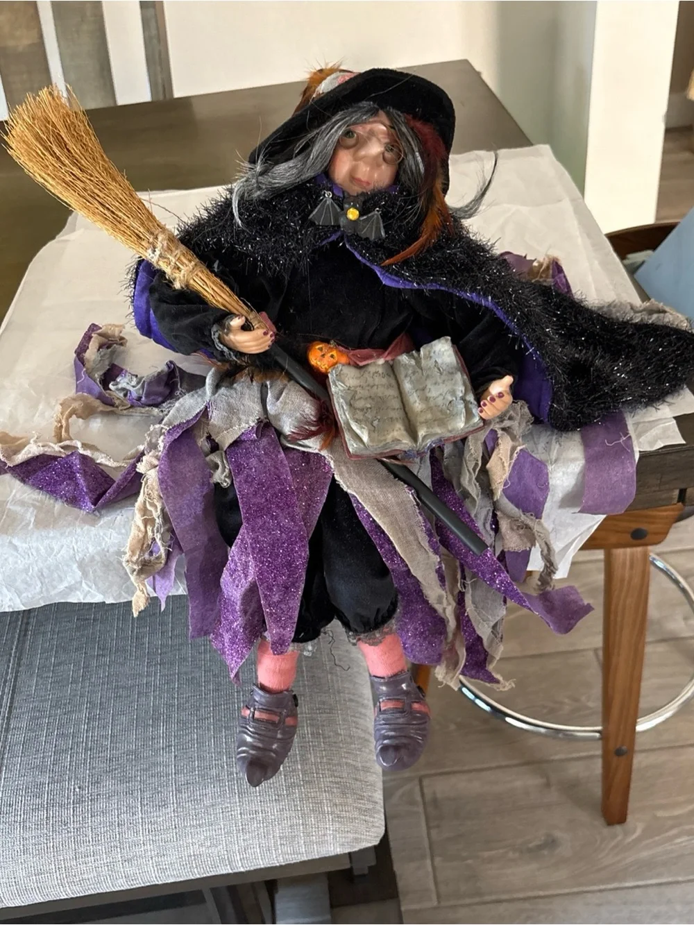 Adorable Witch Shelf Sitter book of spells broomstick Poseable.